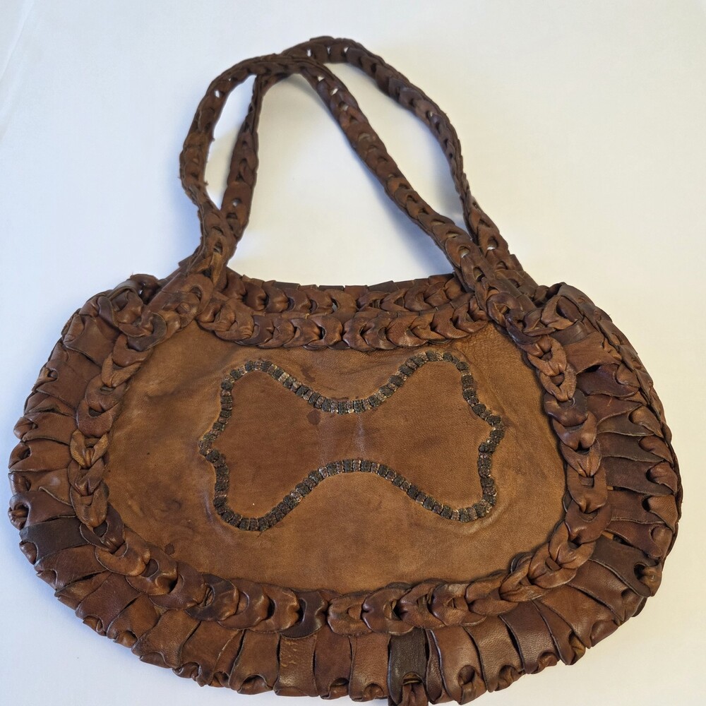 Vimtage 70s Boho Handmade Leather Loop Hippie Purse Moroccan Camel Stamp Tote